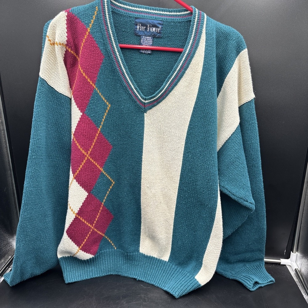 Vtg 90s Par Four Sweater Mens Sz XL Argyle Colorblock Golf Knit Preppy Colorful